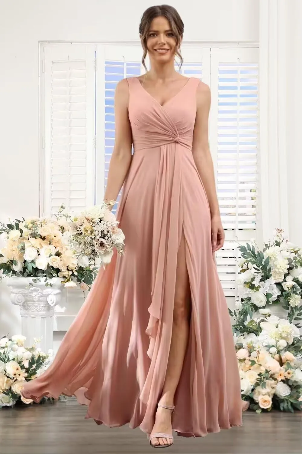 Women's V Neck Chiffon Bridesmaid Dresses with Slit Long A-Line Pleated Formal Party Dress