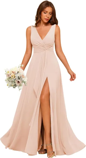 Women's V Neck Chiffon Bridesmaid Dresses with Slit Long A-Line Pleated Formal Party Dress