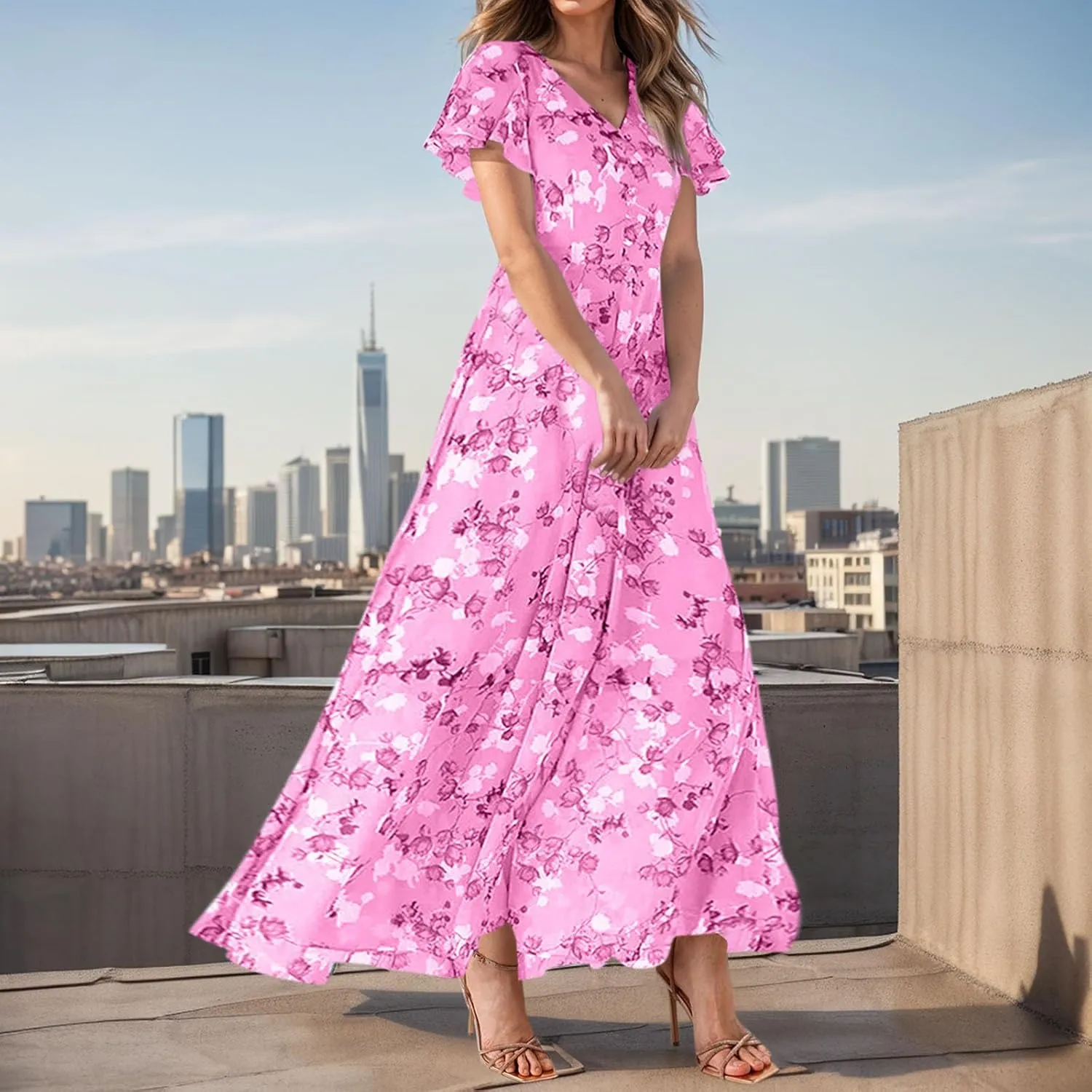 Women's Vacation Dresses 2025 Long Chiffon Floral Short Sleeves Ruffle V Neck Fashion A-Line High Wasit Dress, XS-2XL