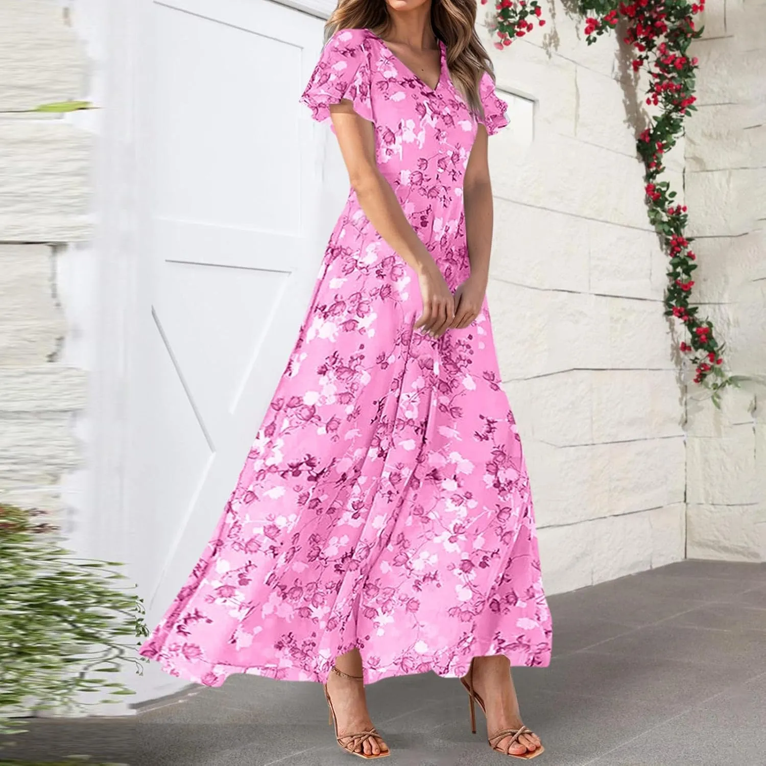 Women's Vacation Dresses 2025 Long Chiffon Floral Short Sleeves Ruffle V Neck Fashion A-Line High Wasit Dress, XS-2XL