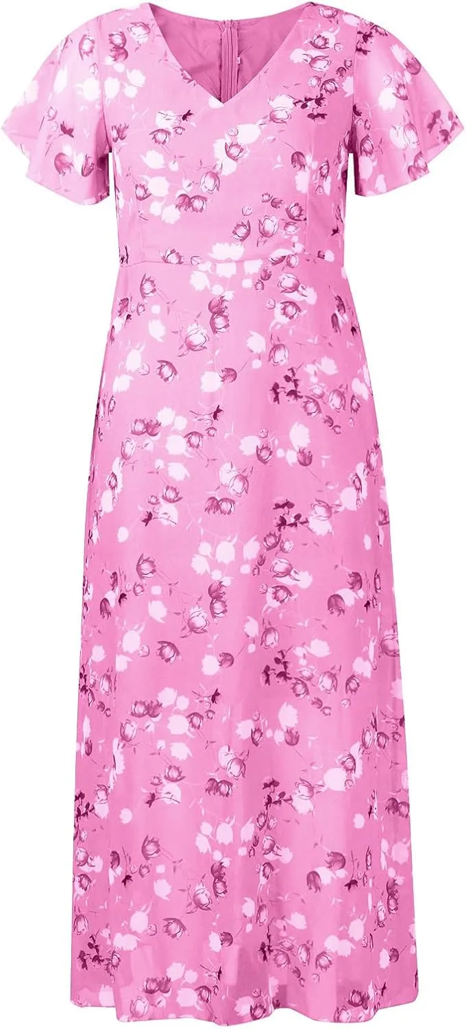 Women's Vacation Dresses 2025 Long Chiffon Floral Short Sleeves Ruffle V Neck Fashion A-Line High Wasit Dress, XS-2XL