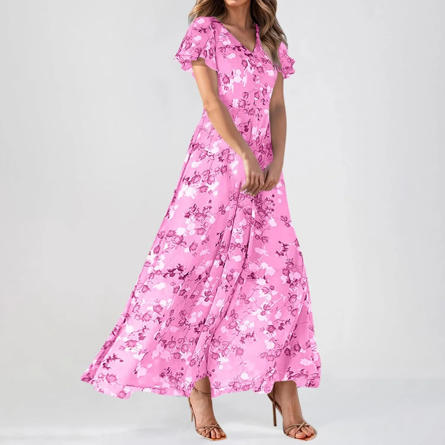 Women's Vacation Dresses 2025 Long Chiffon Floral Short Sleeves Ruffle V Neck Fashion A-Line High Wasit Dress, XS-2XL