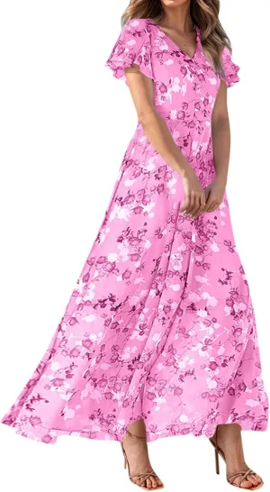 Women's Vacation Dresses 2025 Long Chiffon Floral Short Sleeves Ruffle V Neck Fashion A-Line High Wasit Dress, XS-2XL