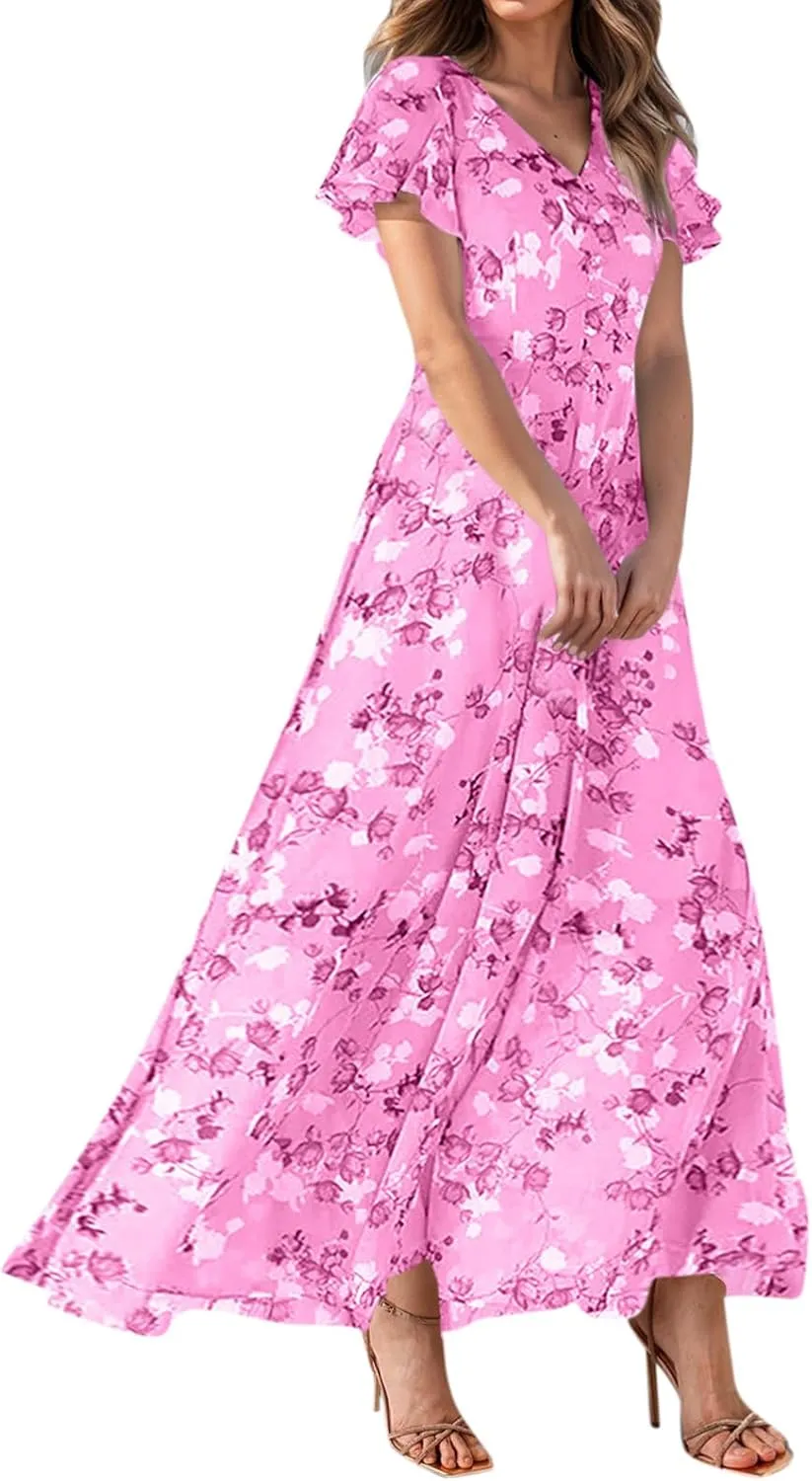 Women's Vacation Dresses 2025 Long Chiffon Floral Short Sleeves Ruffle V Neck Fashion A-Line High Wasit Dress, XS-2XL
