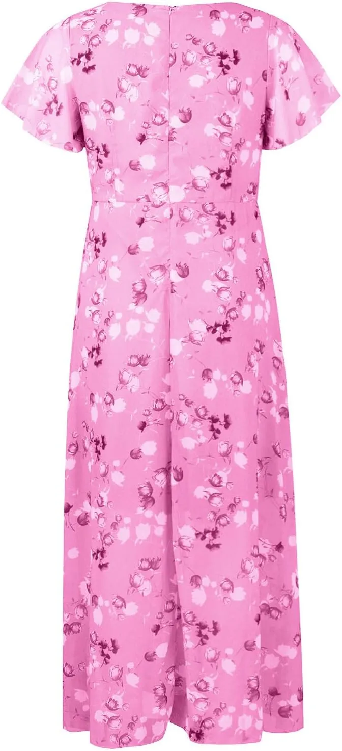 Women's Vacation Dresses 2025 Long Chiffon Floral Short Sleeves Ruffle V Neck Fashion A-Line High Wasit Dress, XS-2XL