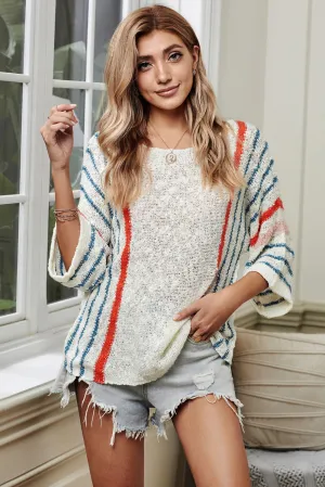Women's Wide Sleeve Striped Crew Neck Beach Sweater