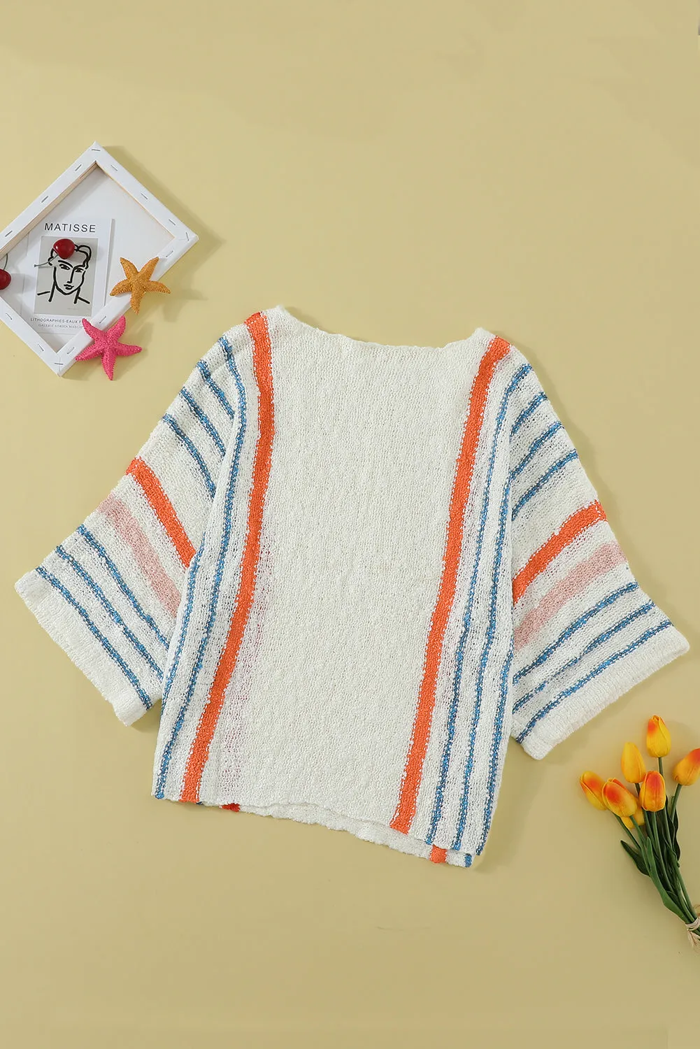 Women's Wide Sleeve Striped Crew Neck Beach Sweater