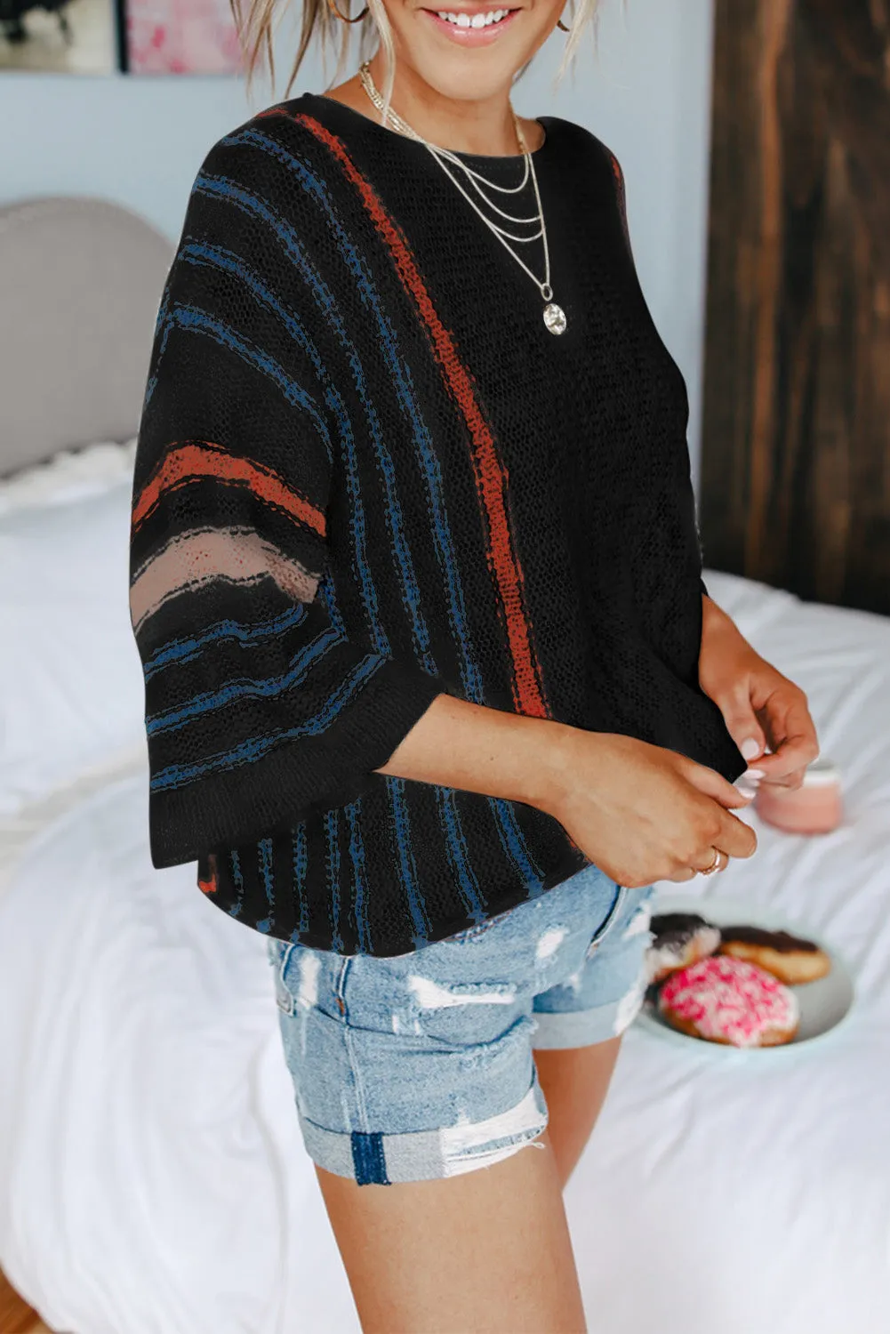 Women's Wide Sleeve Striped Crew Neck Beach Sweater