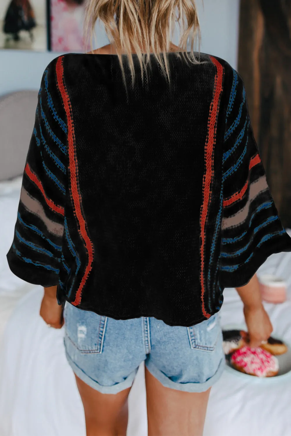 Women's Wide Sleeve Striped Crew Neck Beach Sweater