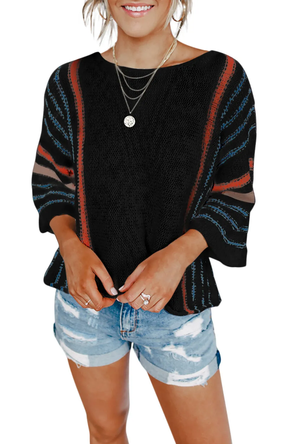 Women's Wide Sleeve Striped Crew Neck Beach Sweater