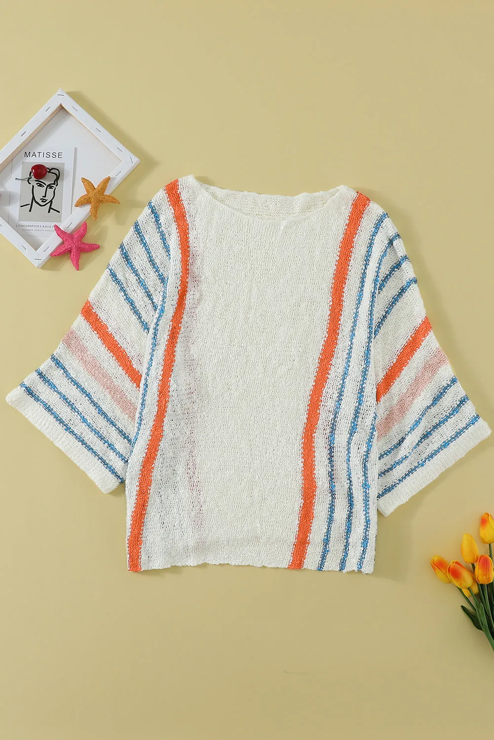 Women's Wide Sleeve Striped Crew Neck Beach Sweater