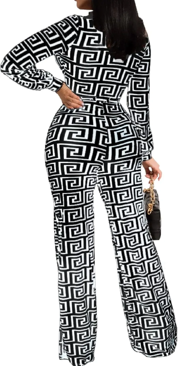 Xinlees Elegant Jumpsuits For Womens Casual Turtleneck Long Sleeve Stripes Stretchable Bandage Wide Leg Long Pants Rompers