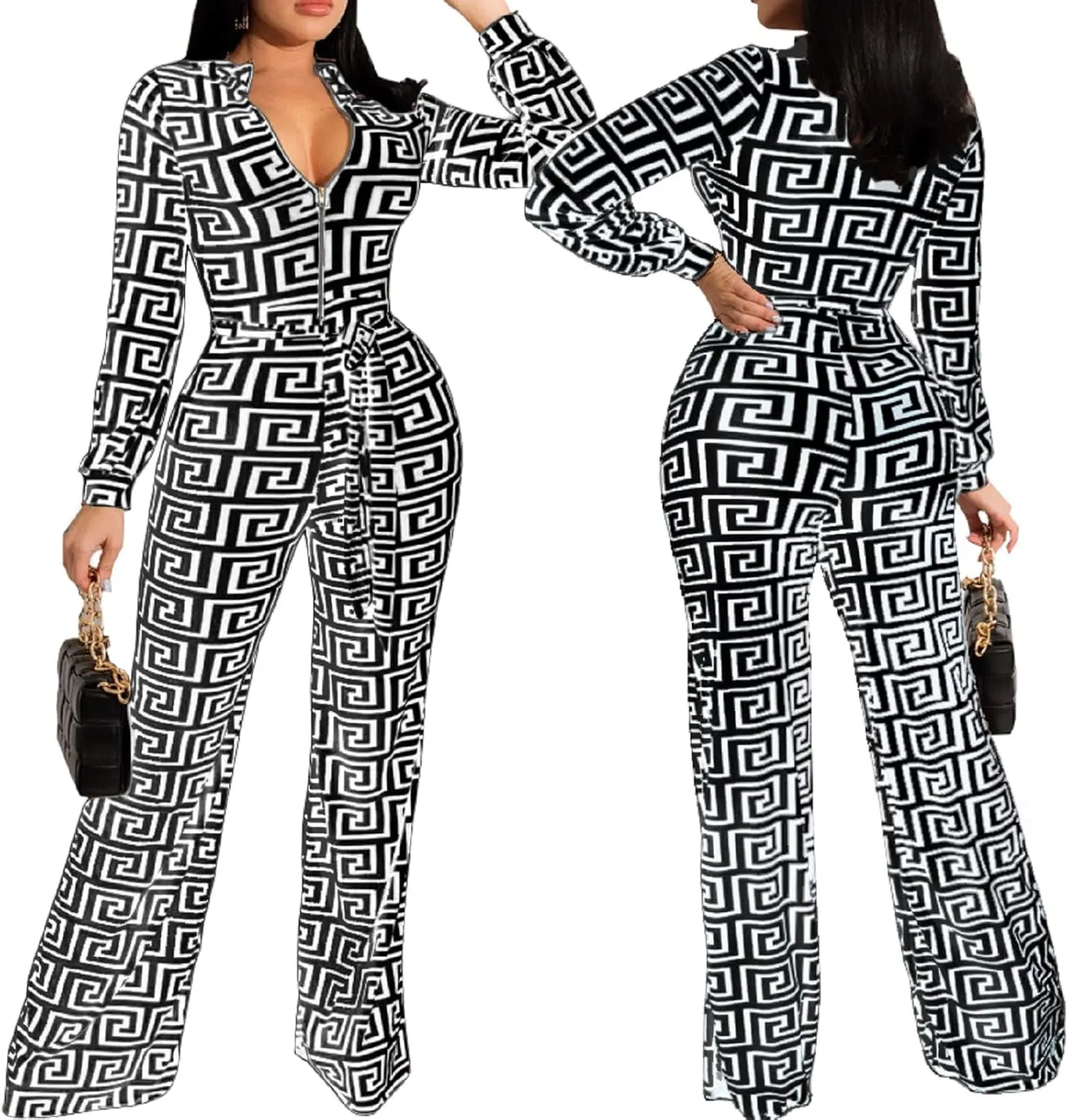 Xinlees Elegant Jumpsuits For Womens Casual Turtleneck Long Sleeve Stripes Stretchable Bandage Wide Leg Long Pants Rompers