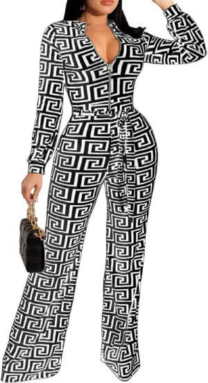 Xinlees Elegant Jumpsuits For Womens Casual Turtleneck Long Sleeve Stripes Stretchable Bandage Wide Leg Long Pants Rompers