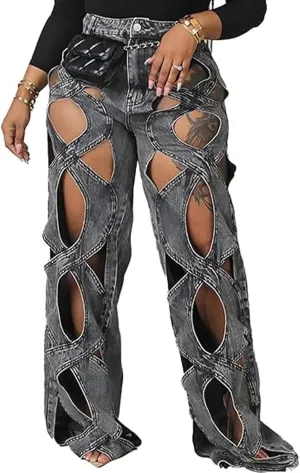 xxxiticat Women's Hollow Out Denim Pants High Waist See Through Twist Together Wide Leg Loose Fit Cutout Jeans Trousers
