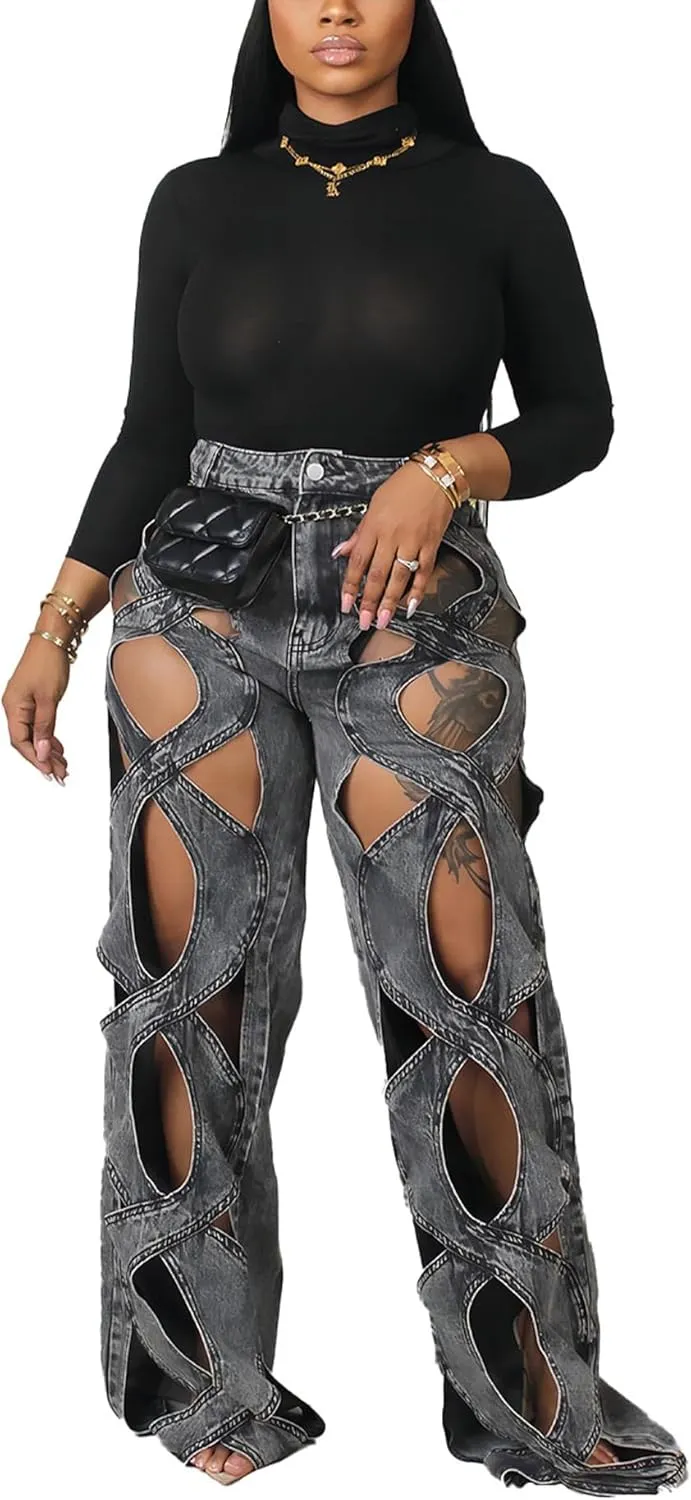 xxxiticat Women's Hollow Out Denim Pants High Waist See Through Twist Together Wide Leg Loose Fit Cutout Jeans Trousers
