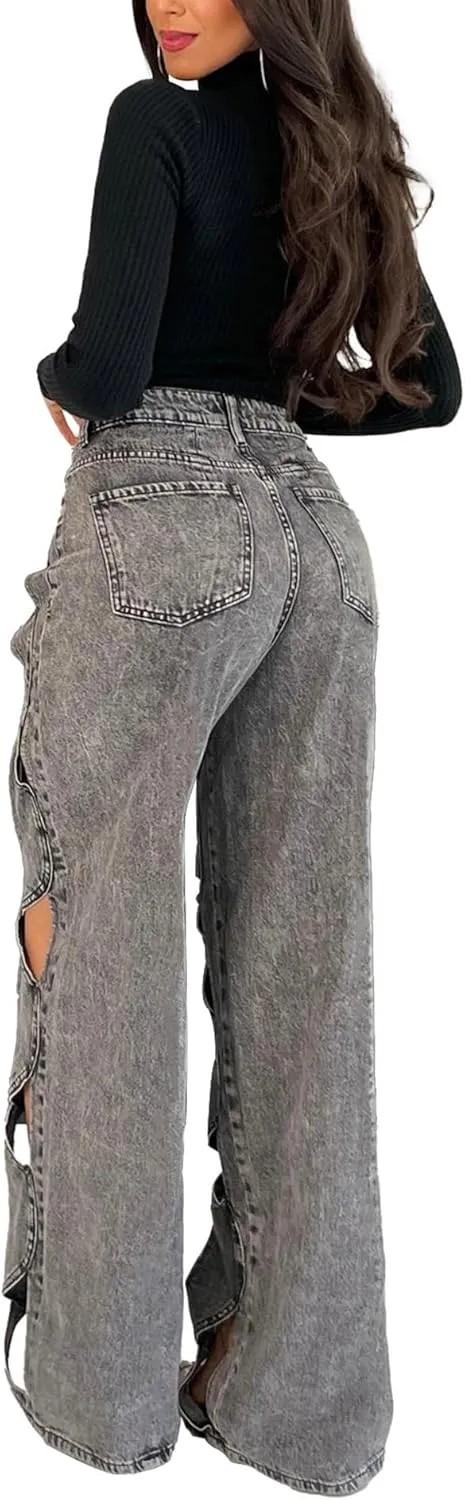 xxxiticat Women's Hollow Out Denim Pants High Waist See Through Twist Together Wide Leg Loose Fit Cutout Jeans Trousers