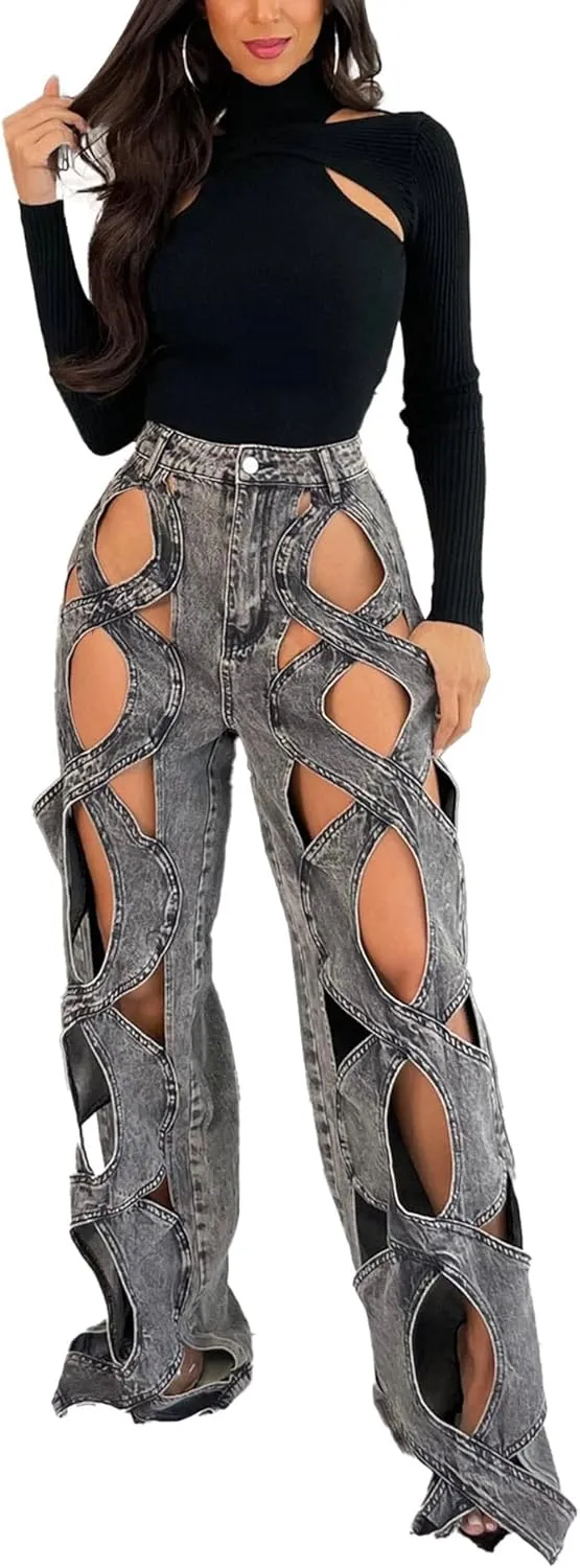 xxxiticat Women's Hollow Out Denim Pants High Waist See Through Twist Together Wide Leg Loose Fit Cutout Jeans Trousers