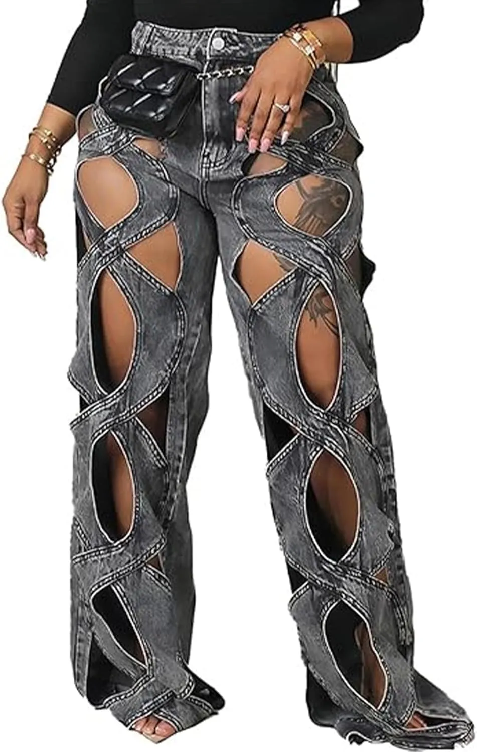 xxxiticat Women's Hollow Out Denim Pants High Waist See Through Twist Together Wide Leg Loose Fit Cutout Jeans Trousers