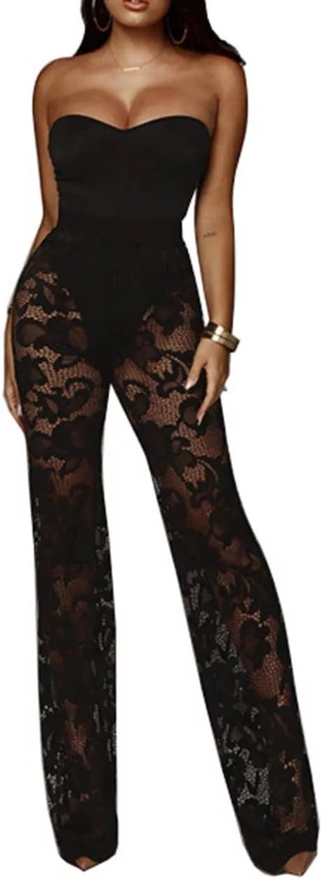 xxxiticat Women's Sexy Lace Transparent See Through Wide Leg Pants Tube Top Long Coat Sets Suits