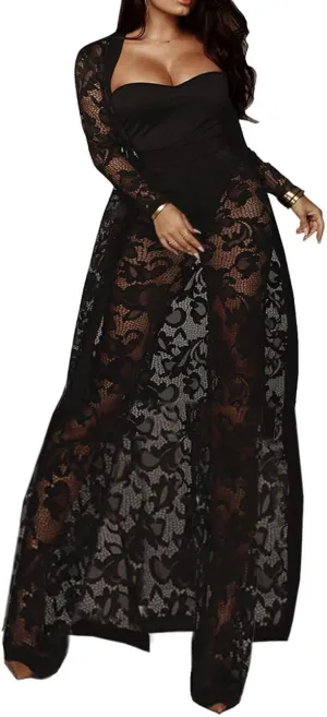 xxxiticat Women's Sexy Lace Transparent See Through Wide Leg Pants Tube Top Long Coat Sets Suits