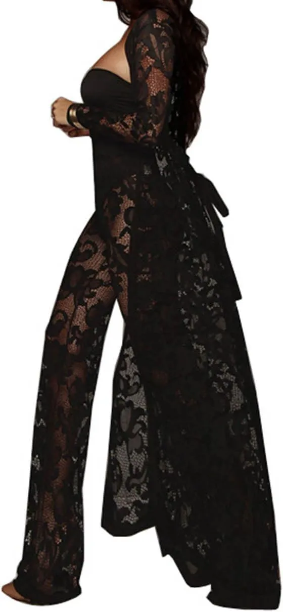 xxxiticat Women's Sexy Lace Transparent See Through Wide Leg Pants Tube Top Long Coat Sets Suits