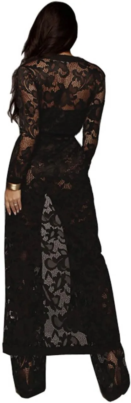 xxxiticat Women's Sexy Lace Transparent See Through Wide Leg Pants Tube Top Long Coat Sets Suits