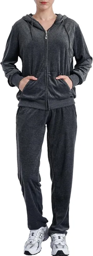 Yasumond Womens Velour Tracksuit 2 Piece Outfits Long Sleeve Zip Hooded Lounge Velvet Sweatshirt and Sweatpants Set