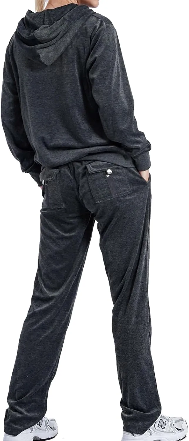 Yasumond Womens Velour Tracksuit 2 Piece Outfits Long Sleeve Zip Hooded Lounge Velvet Sweatshirt and Sweatpants Set