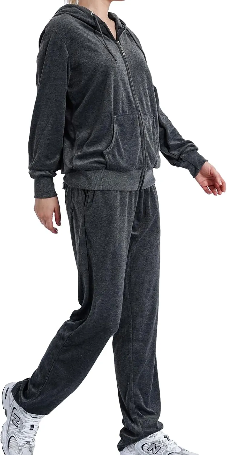 Yasumond Womens Velour Tracksuit 2 Piece Outfits Long Sleeve Zip Hooded Lounge Velvet Sweatshirt and Sweatpants Set