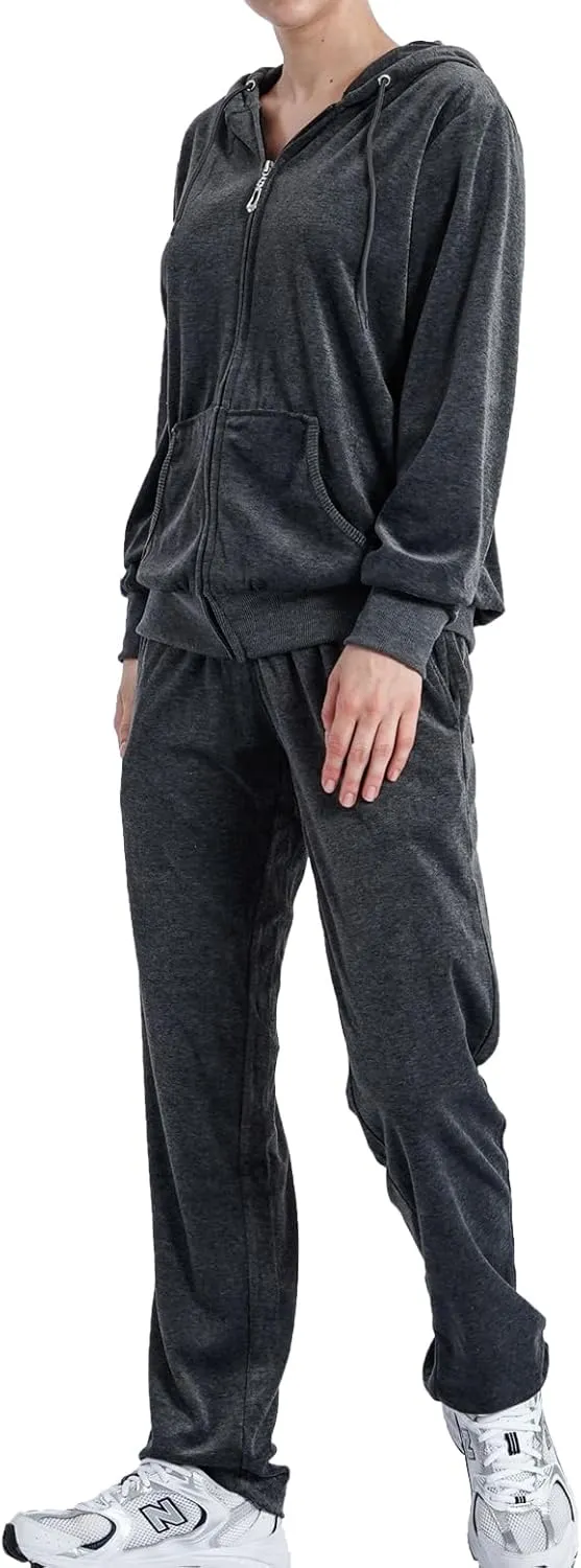 Yasumond Womens Velour Tracksuit 2 Piece Outfits Long Sleeve Zip Hooded Lounge Velvet Sweatshirt and Sweatpants Set
