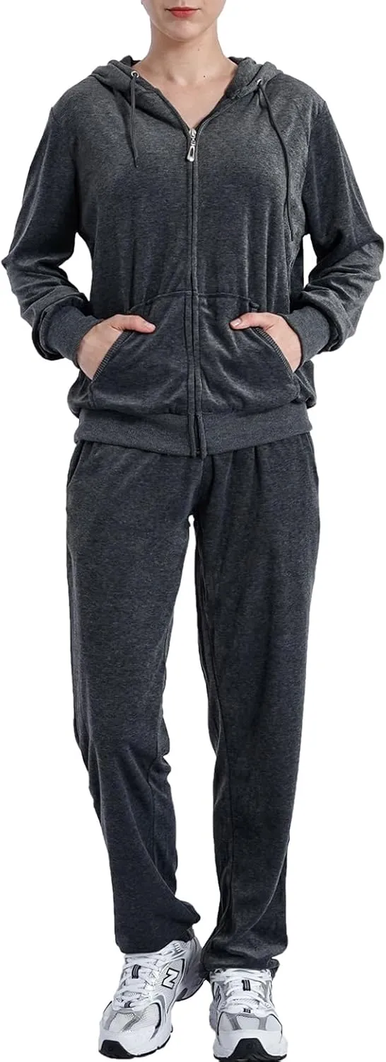 Yasumond Womens Velour Tracksuit 2 Piece Outfits Long Sleeve Zip Hooded Lounge Velvet Sweatshirt and Sweatpants Set