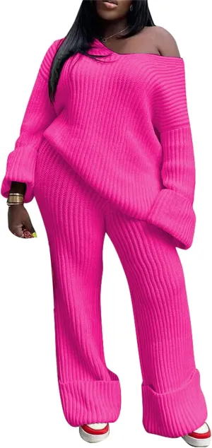 YOOTIKO Women 2 Piece Outfit Comfy Knit Set V Neck Top Wide Leg Pants Fall Casual Sweater Track Suit