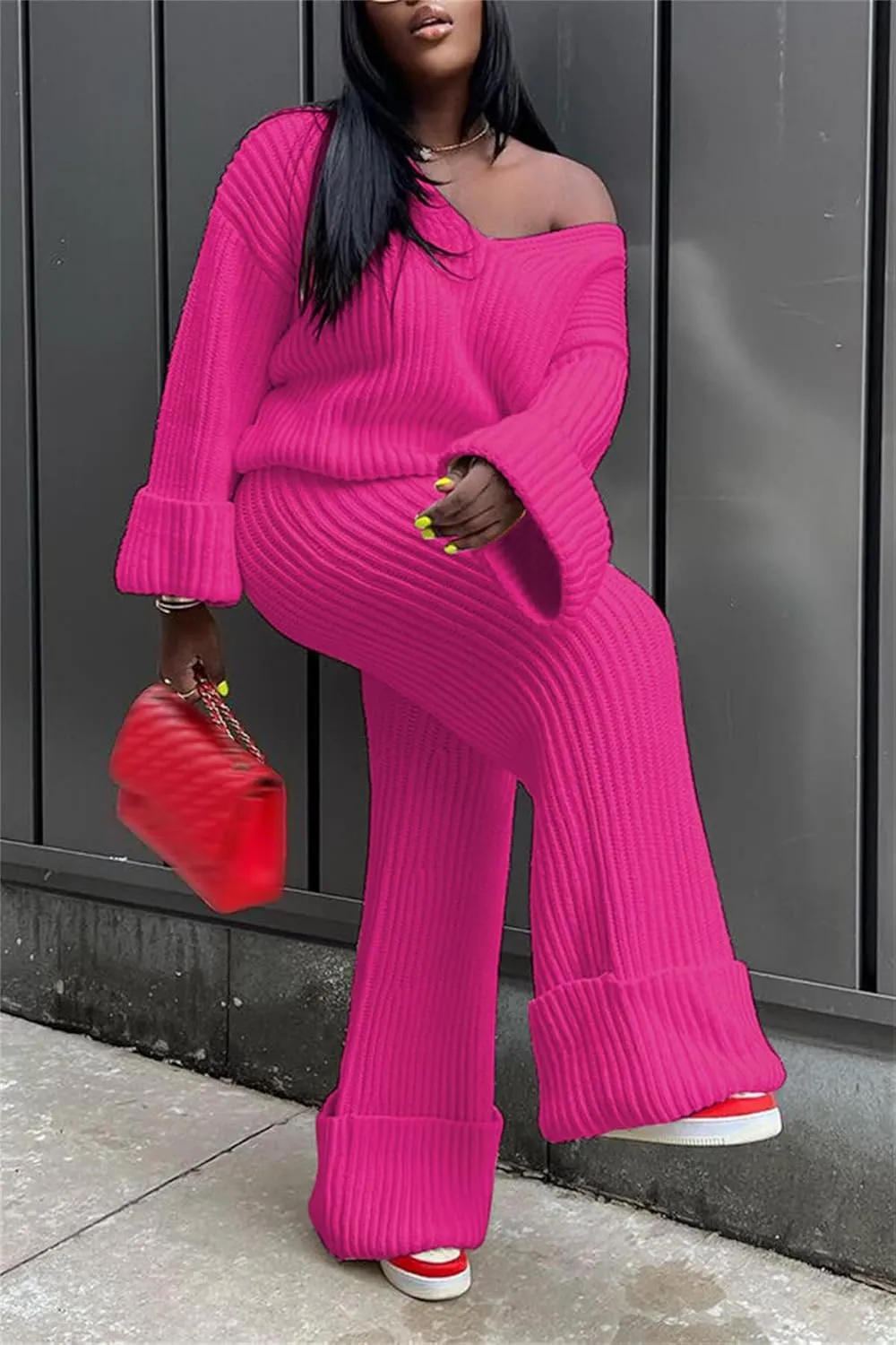 YOOTIKO Women 2 Piece Outfit Comfy Knit Set V Neck Top Wide Leg Pants Fall Casual Sweater Track Suit