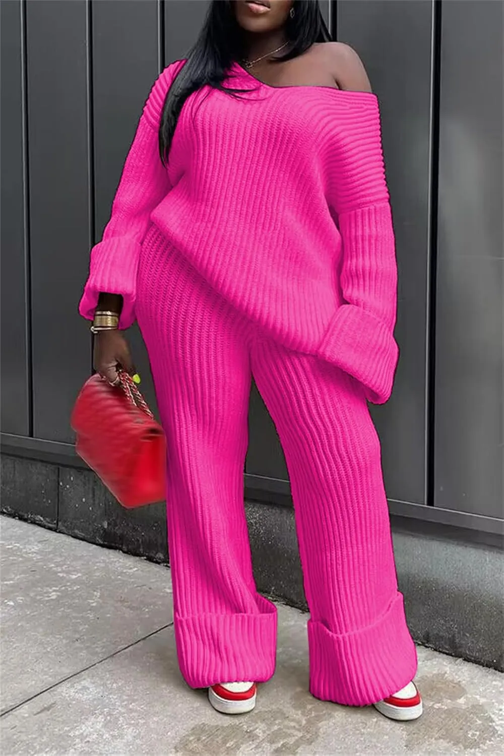 YOOTIKO Women 2 Piece Outfit Comfy Knit Set V Neck Top Wide Leg Pants Fall Casual Sweater Track Suit