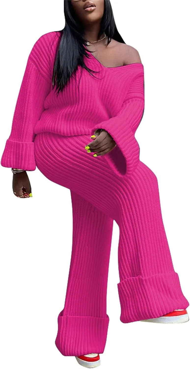 YOOTIKO Women 2 Piece Outfit Comfy Knit Set V Neck Top Wide Leg Pants Fall Casual Sweater Track Suit